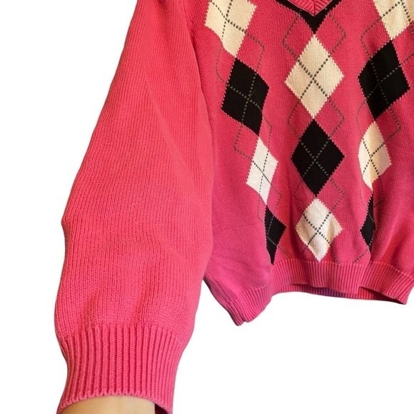 IZOD GOLF Ladies 100% Cotton ARGYLE V Neck Sweater Pink/White/Black- Size Large - Picture 3 of 8
